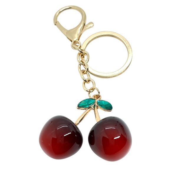 3/$30 NEW RED CHERRY KEYCHAIN GOLD TONE BAG CHARM FRUIT ACCESSORY CUTE GIFT NWT - Picture 1 of 10